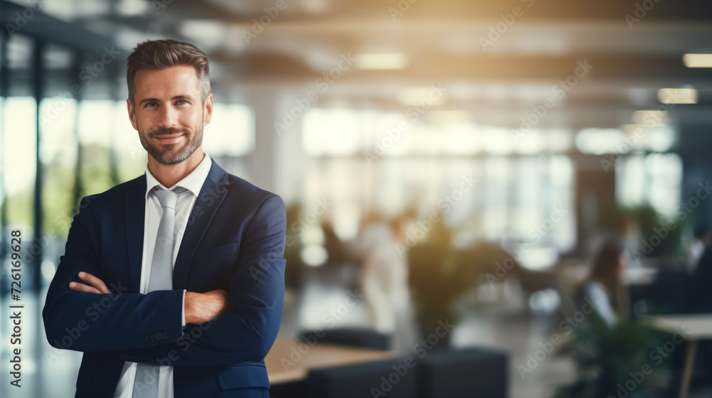 Business man smiling at office abstract backgound. Generative ai. Business man smiling at office abstract backgound. Generative ai.