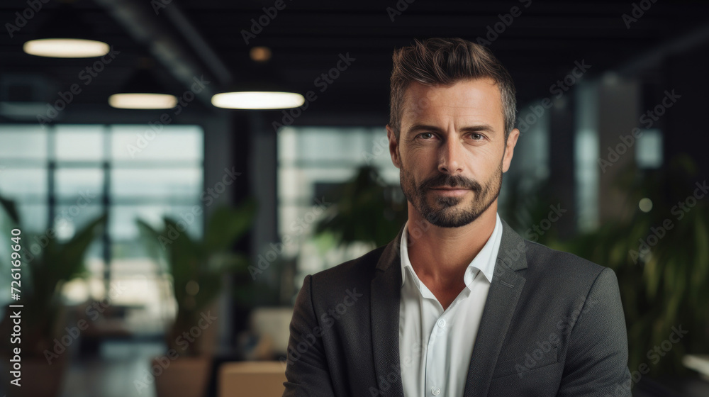 Fototapeta premium Business man smiling at office abstract backgound. Generative ai.