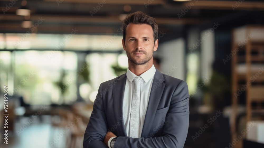 Business man smiling at office abstract backgound. Generative ai.