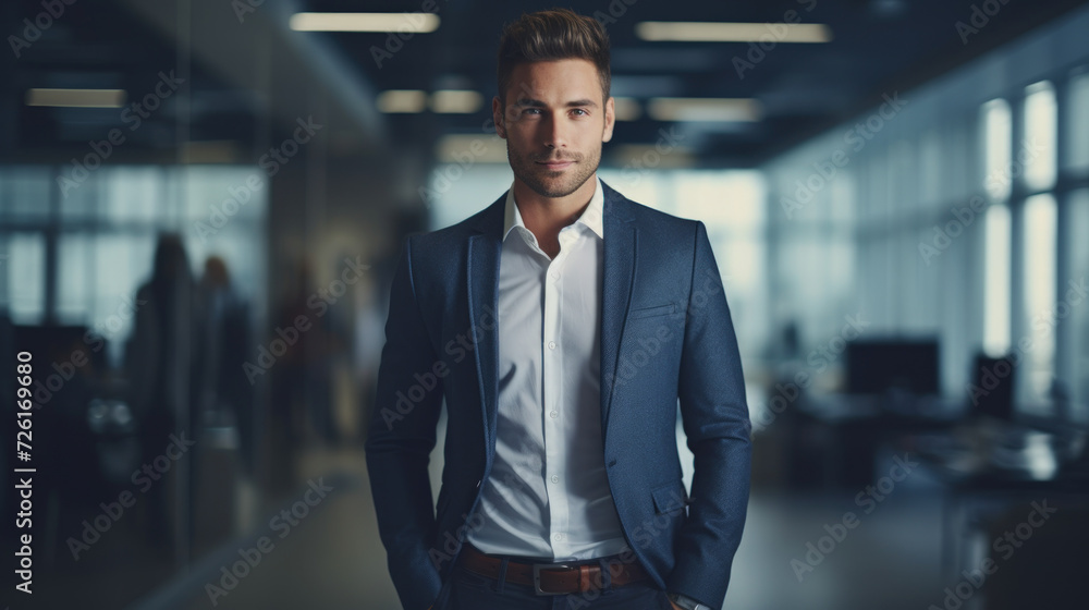 Business man smiling at office abstract backgound. Generative ai. Business man smiling at office abstract backgound. Generative ai.