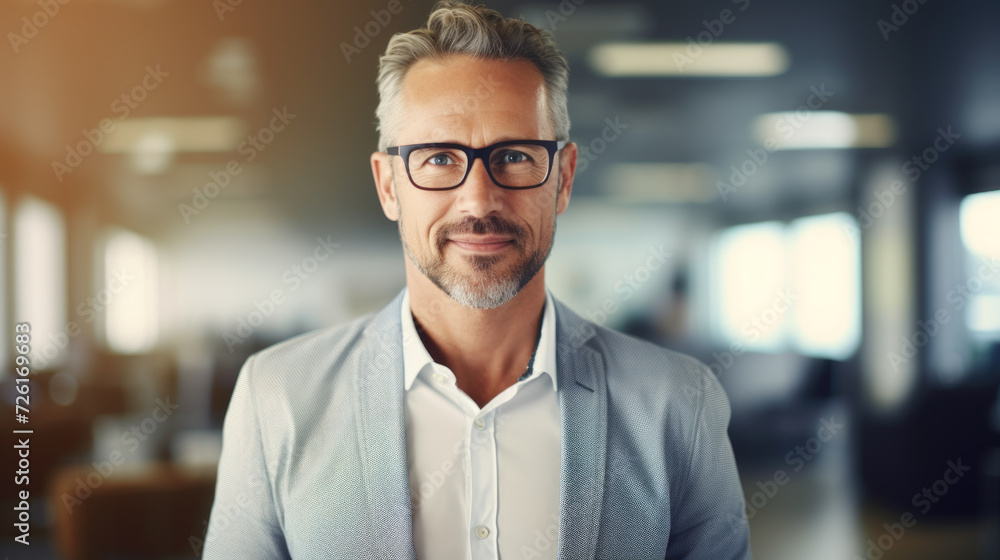 Business man smiling at office abstract backgound. Generative ai. Business man smiling at office abstract backgound. Generative ai.