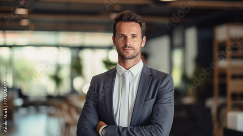 Business man smiling at office abstract backgound. Generative ai.