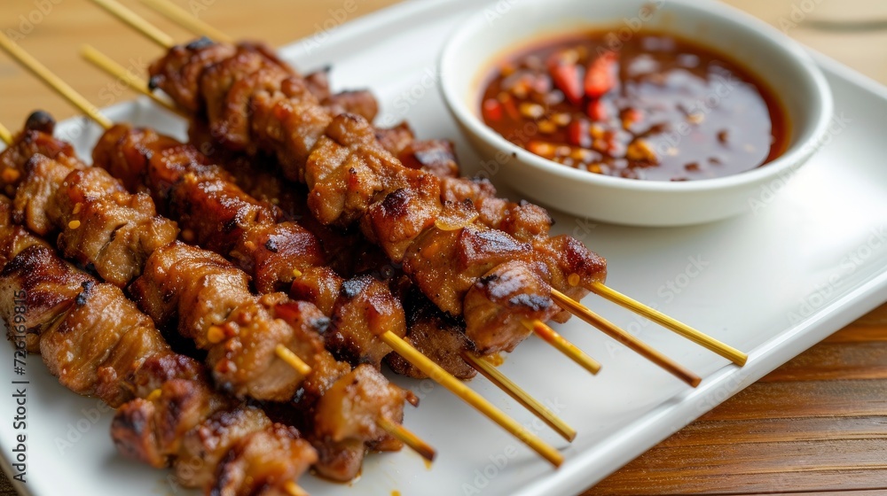 Satay Served with Soy Sauce, Artfully Arranged on a White Plate with a Small Bowl of Sauce Nearby. Perfect for a Restaurant Menu.
