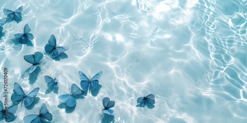 Beach with blue butterflies beautiful light. photo