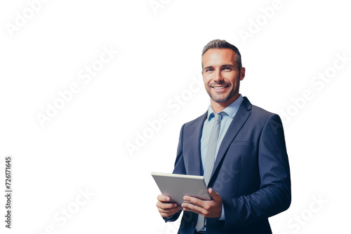 A man in a suit smiles while holding a tablet in a warehouse, indicating professionalism and technology integration.
