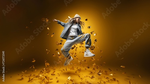 Hip-Hop Elegance, a stunning silhouette captures the grace of a hip-hop dancer mid-jump, symbolizing the beauty of street dance white yellow gold theme. Generative AI.