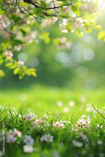 Eco nature / green abstract defocused background with sunshine and flowers, vertical background, empty space