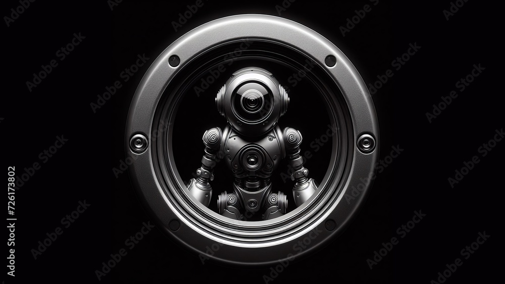 Amazing image of a robot through a door peephole. Distant future.
Amazing image of a robot through a door peephole. Distant future.