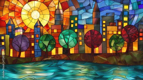 Tranquil Dawn  Mottled Cityscape in Stained Glass Style