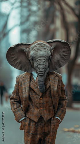 Elegant elephant gracefully walks through urban streets, adorned in tailored sophistication, epitomizing street style. The realistic city backdrop captures the majestic presence blended with contempor