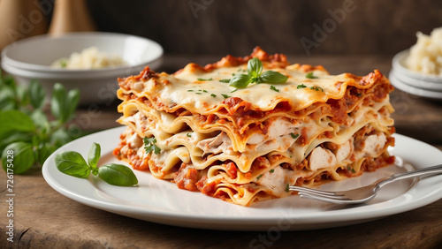 Culinary masterpiece of your homemade chicken lasagna, beautifully presented on a white plate, accentuated by the rustic charm of a wooden table