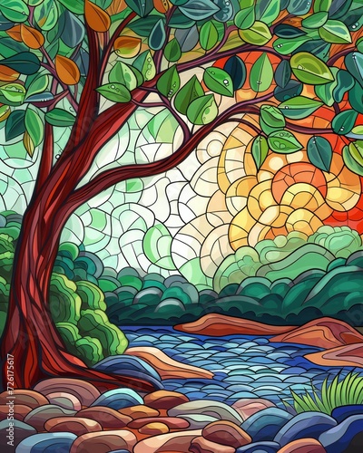 Tranquil Stained Glass Nature Scene  A Coloring Book Page Featuring a Serene and Calm Natural Landscape.