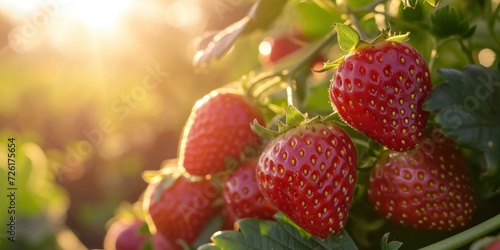 A Close-Up Capture of Ripe Strawberries Basking in Sunlight  Their Luscious Red Hue Signaling Readiness for Harvest.