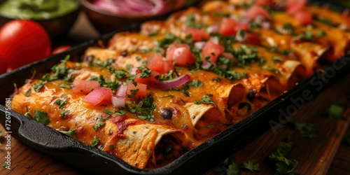 A Close-Up Shot of Beautifully Arranged Sweet Potato and Black Bean Enchiladas, Showcasing the Intricate Details of this Delicious Dish.