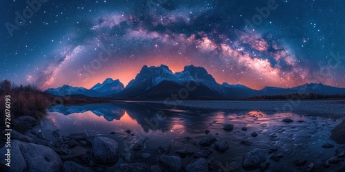 The Milky Way Illuminates the Sky, Revealing the Silhouettes of Beautiful Mountains and Rivers in a Serene and Majestic Landscape.