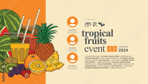 tourism or health event poster idea with tropical fruits illustration