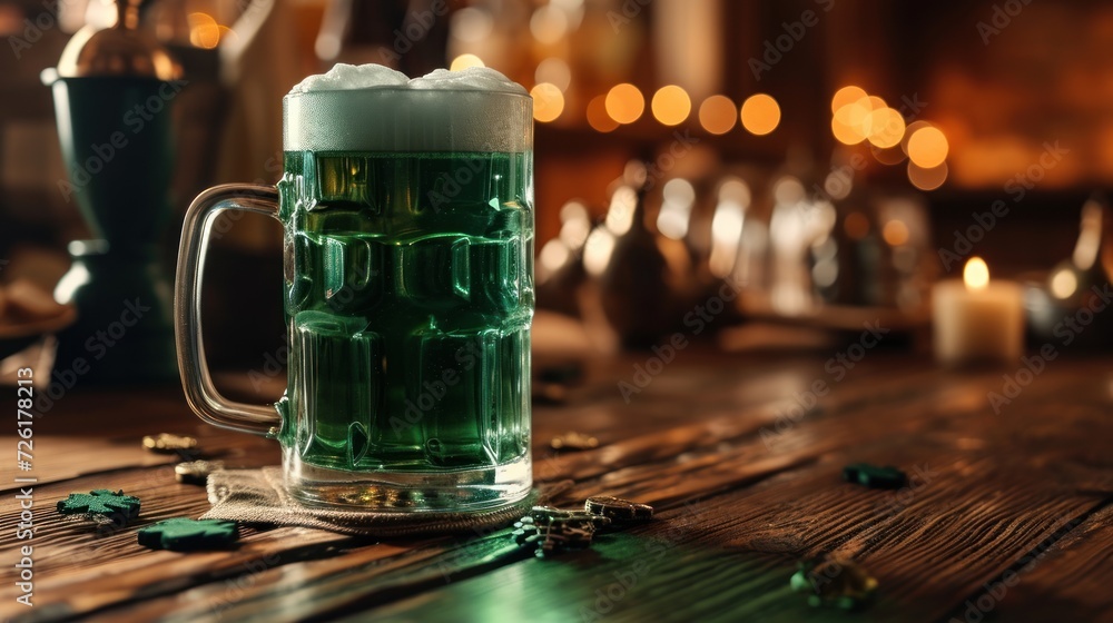 Mug of green beer on wooden table in pub. St. Patrick's Day celebration