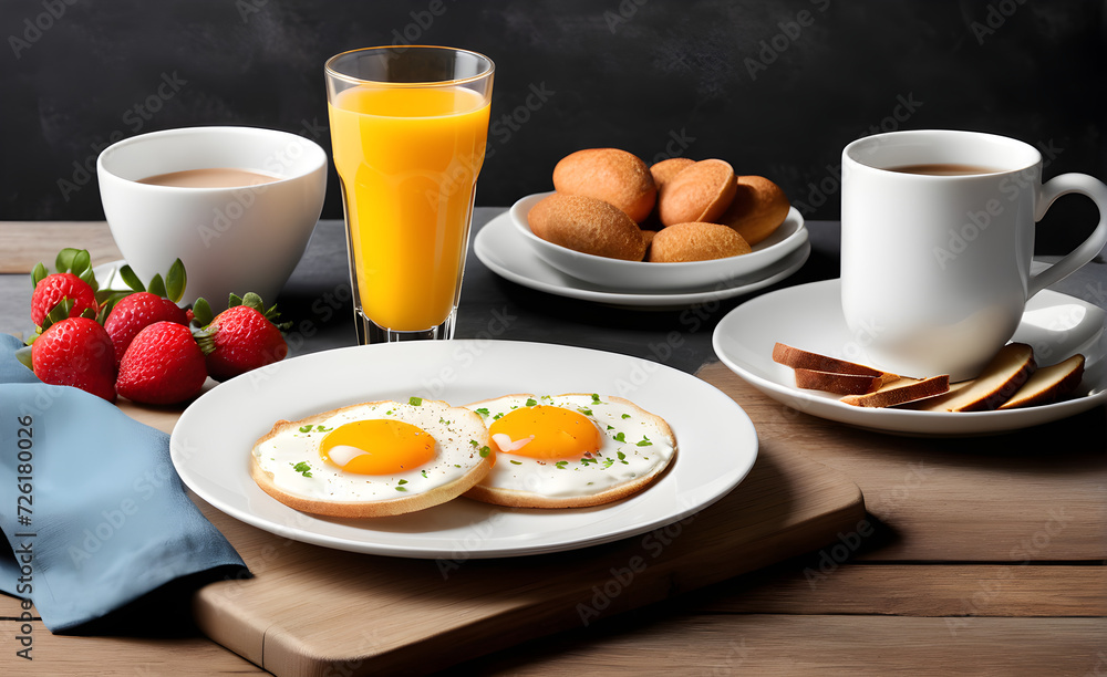 Breakfast with fried eggs, coffee, strawberry, bread. Generative AI Breakfast with fried eggs, coffee, strawberry, bread. Generative AI