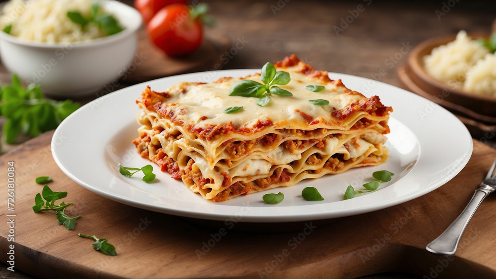 A visual symphony with chicken lasagna displayed on a clean white plate, the richness of its flavors contrasted against the natural hues of a wooden table A visual symphony with chicken lasagna displayed on a clean white plate, the richness of its flavors contrasted against the natural hues of a wooden table