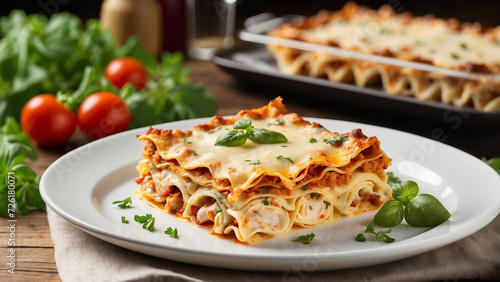 A visual symphony with chicken lasagna displayed on a clean white plate, the richness of its flavors contrasted against the natural hues of a wooden table