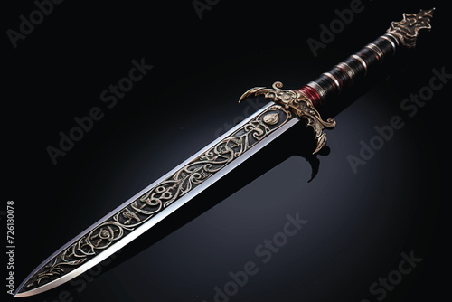 souvenir collectible silver dagger with scabbard on black. Luxury weapons with traditional Celtic patterns in a medieval vintage style. photo