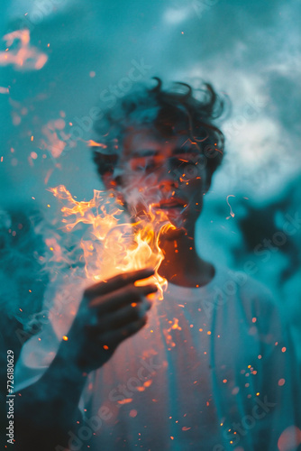Portrait of a young man holding a fire in his hands.