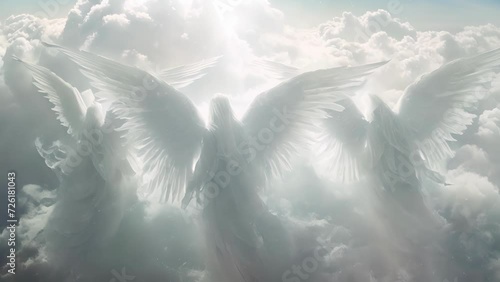 A dream takes on a magical quality as a group of celestial angels descend surrounding the dreamer with their ethereal light and soothing presence.