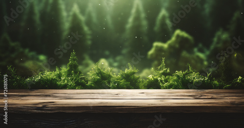 Wood table top on blur green forest background with bokeh light