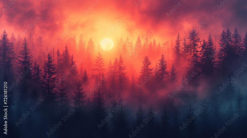 Foggy forest on a sunset background. 3D rendering. - Generative AI Foggy forest on a sunset background. 3D rendering. - Generative AI