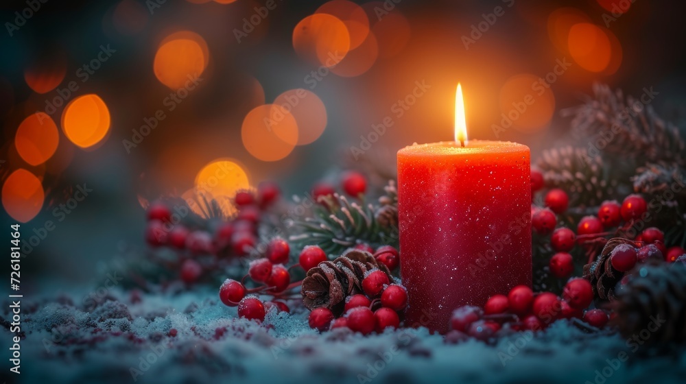 Christmas and New Year background with burning candle, fir branches, red berries and bokeh lights. - Generative AI Christmas and New Year background with burning candle, fir branches, red berries and bokeh lights. - Generative AI