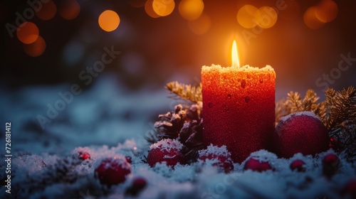 Christmas and New Year background with burning candle, Christmas decorations and pine branches in the snow - Generative AI
