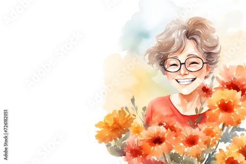Watercolor happy middle-aged woman smiling with flowers background for mother's day women's day art