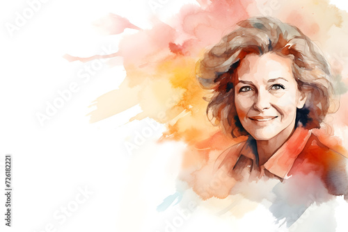Watercolor confident middle-aged woman in short hair portrait on white background with copy space