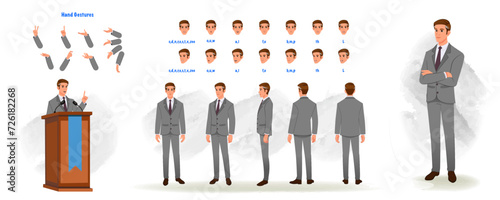 An International politician, leader model sheet. Politician creation set. International politician turnaround sheet, hand gestures, lip sync