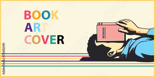 world book day, abstract banner, person laying - sleep on floor, book cover face, minimal flat vector illustration