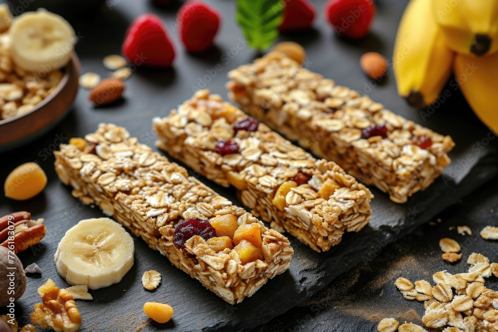 Various healthy diet granola bars with banana and nuts Various healthy diet granola bars with banana and nuts