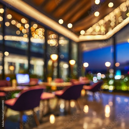 modern luxury hotel lobby at night at shallow depth of field, background with bokeh effect