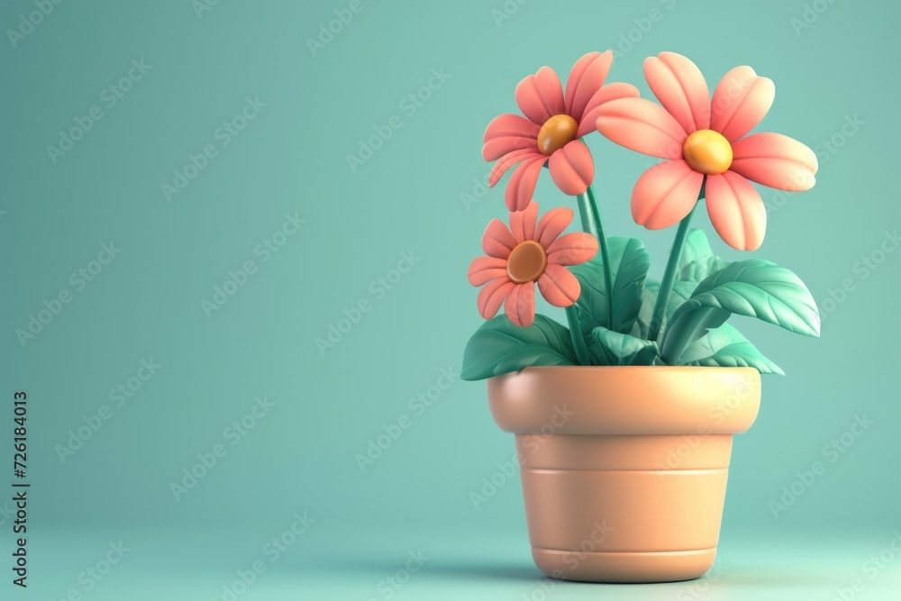 Clay Flowers in Pot on Teal Background