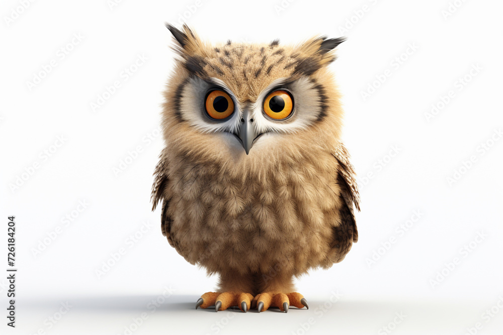 Naklejka premium Eurasian Eagle-Owl on a white background. Adorable 3D cartoon animal portrait