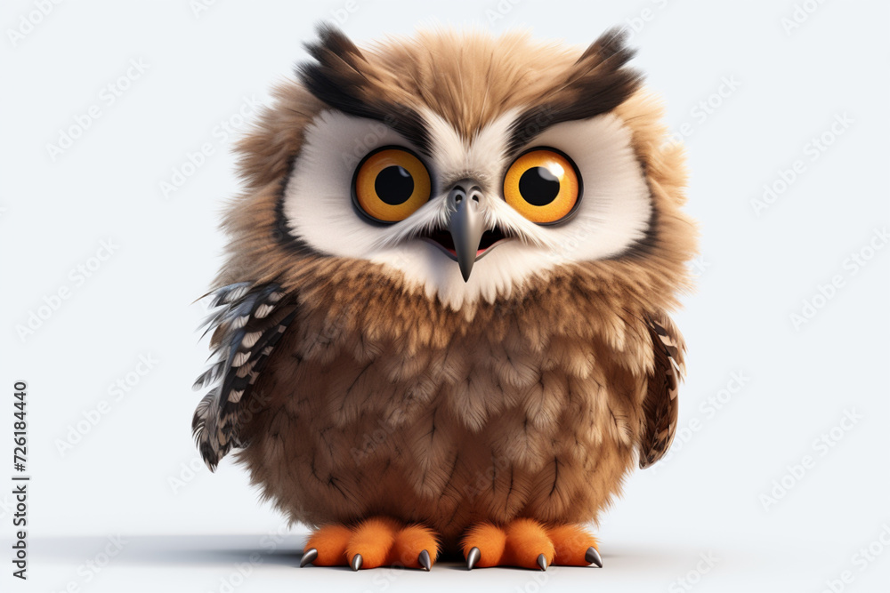 Eurasian Eagle-Owl on a white background. Adorable 3D cartoon animal portrait Eurasian Eagle-Owl on a white background. Adorable 3D cartoon animal portrait