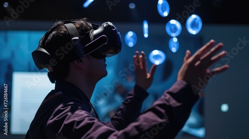 Man in VR Headset with Holographic Controls