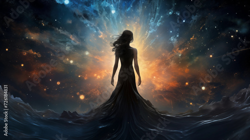 Night Elegance : Charming woman wearing a stylish black dress. with stars and galaxies in the background photo
