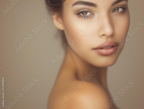 Portrait of beautiful sensual young woman face close up with makeup. Perfect skin. Beauty face. Photo taken in the studio.