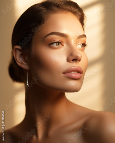 Portrait of beautiful sensual young woman face close up with makeup. Perfect skin. Beauty face. Photo taken in the studio.