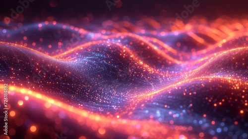 3D rendering of abstract digital landscape with flowing particles and depth of field - Generative AI