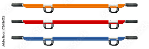 Pole stretchers used to transport injured or sick people who cannot walk on their own.  Often used in ambulances, at sporting events, in other outdoor settings. Flat design