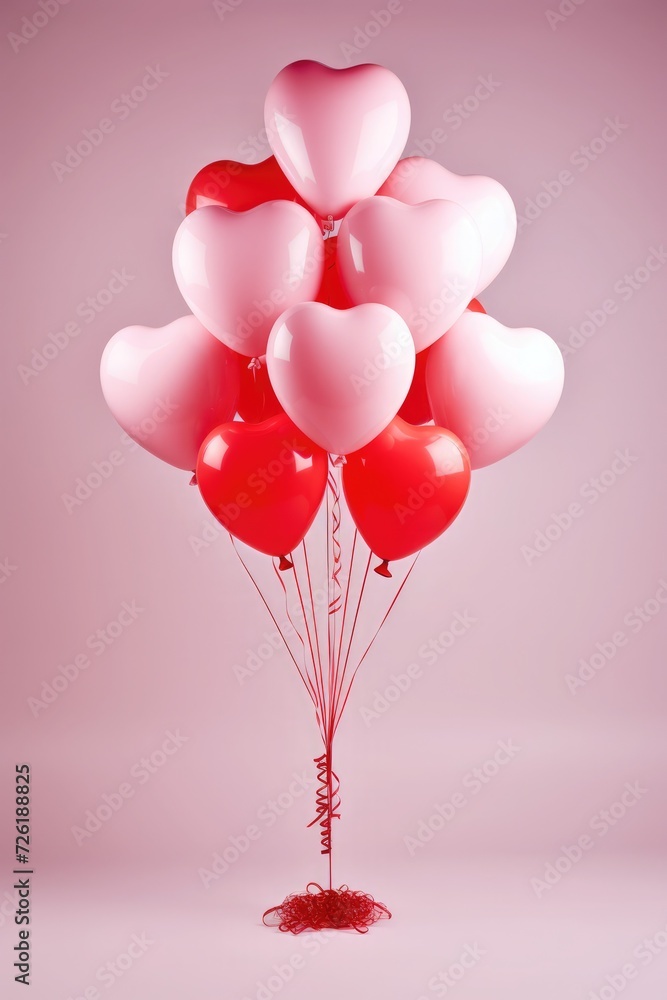 Valentines day background with red and pink heart-shaped balloons.