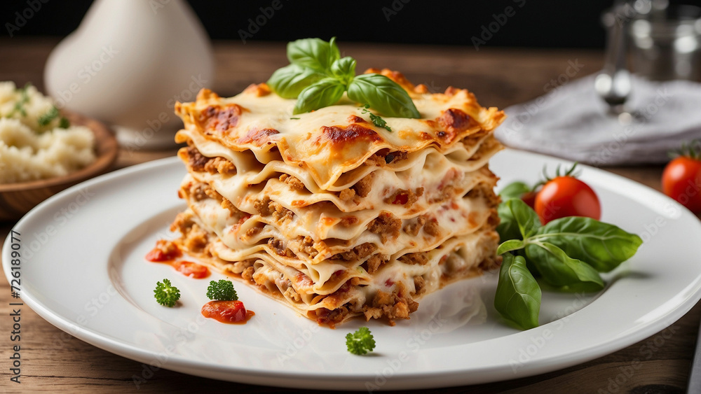 Aesthetics of gourmet chicken lasagna as it takes center stage on a pristine white plate, harmonizing with the warmth of a wooden table beneath Aesthetics of gourmet chicken lasagna as it takes center stage on a pristine white plate, harmonizing with the warmth of a wooden table beneath