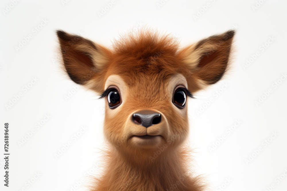 Obraz premium Red Deer on a white background. Adorable 3D cartoon animal close-up portrait.
