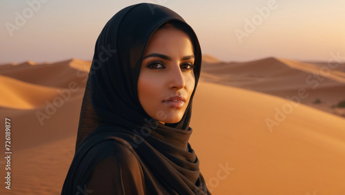 A woman from Arabia in the desert, capturing the essence of travel during sunset